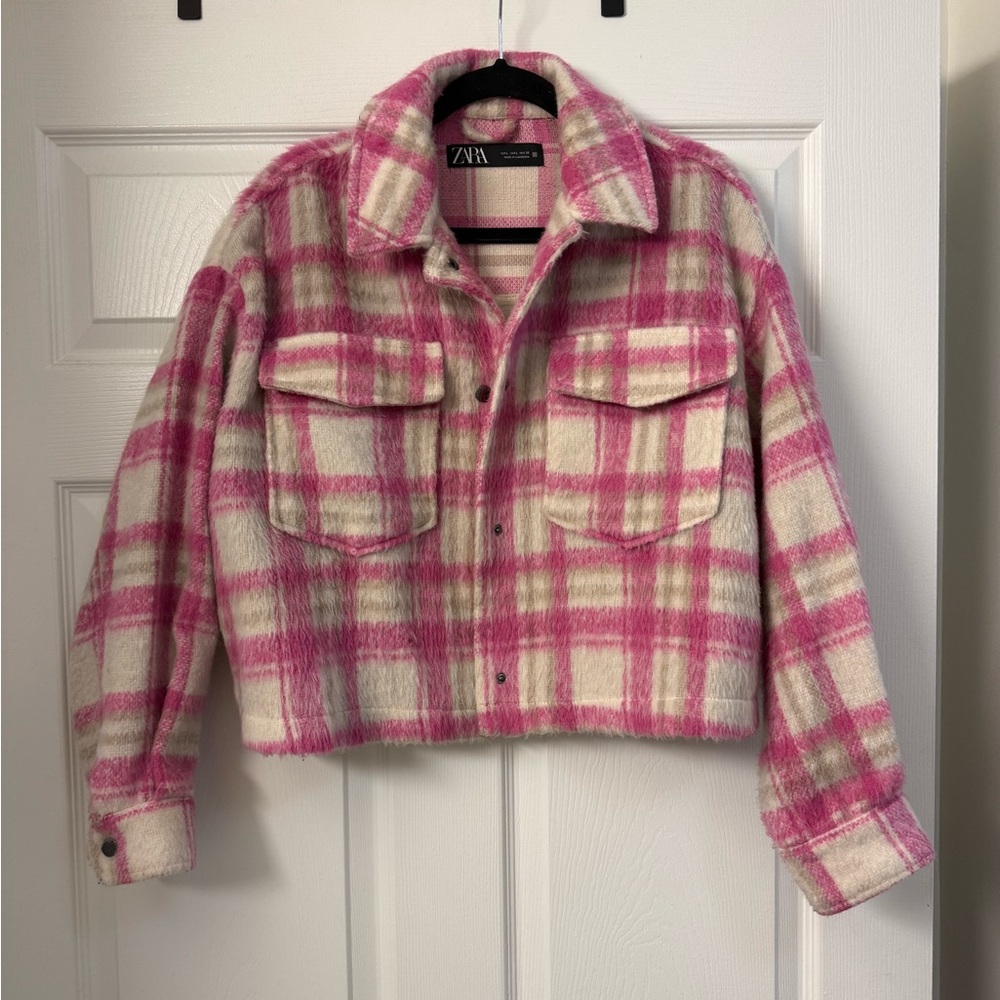 Zara Pink and Cream Plaid Teddy Jacket